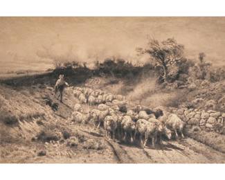 PETER MORAN (1841-1914) | Shepherd in field. Etching. Pencil signed lower right. 20.5 x 15 in. (sight) - w. 30.5 x h. 24.75 in. (Framed)