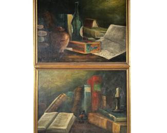 (2pc) 19TH CENTURY STILL LIFES | Library still lifes with books. Oil on canvas. 18.25 x 14.25 in. No apparent signature, each with inscription on stretcher, "Mr. G. M. S--y(?) / Christmas 1895" - w. 19.5 x h. 15.5 in. (ea. frame)