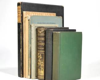 (8VOL) MISC. ART BOOKS | Including: Etching and Etchers by Hamerton; New York by Peter Marcus; Quest of the Print by Weitenkampf; Secrets of an Art Dealer, first edition, by J. H. Duveen; Engravings and Etchings: Collection of the Late Clendenin J. Ryan; Prothalamion & Epithalamion; Famous Small Bronzes, Bronze Division of the Gorham Company, 1928; and A Treasury of American Prints, Simon & Schuster
 - w. 10.75 x h. 13.5 in. (largest)