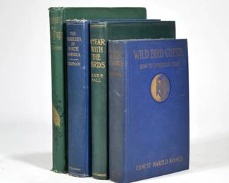 (4VOL) EARLY BIRD BOOKS | Including: Canaries and Cage Birds by George H. Holden, 1888, Alfred Mudge & Son, Boston; Warblers of North America, Chapman; Year with the Birds by Alice E. Ball, with 56 colored plates, Gibbs Van Vleck, New York City, 1916; Wild Bird Guests: How to Entertain Them by Ernest Harold Baynes, first edition, E. P. Dutton. 
