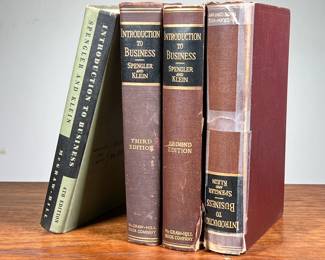 (4pc) INTRODUCTION TO BUSINESS BY SPENGLER & KLEIN - MULTIPLE EDITIONS | Includes: Introduction to Business by Edwin Spengler & Jacob Klein 1st Edition (1935), 2nd Edition (1939), 3rd Edition (1948), and 4th Edition (1955) - w. 6.25 x h. 9.25 in.
