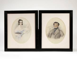 (2pc) NOEL CARTER (19TH CENTURY) | Portrait of husband and wife with baby. Mixed media on paper. Male portrait pencil signed and dated 1841 lower right. 6.5 x 5 in. (ea. sight) - w. 8.5 x h. 10 in. (ea. frame)