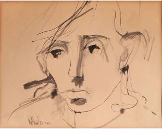 GINO HOLLANDER (1924-2015) | Stylized portrait. Ink on paper. Signed and dated 1.24.63 lower left. 12 x 9.5 in. (sight) - w. 18 x h. 15.5 in. (Frame)