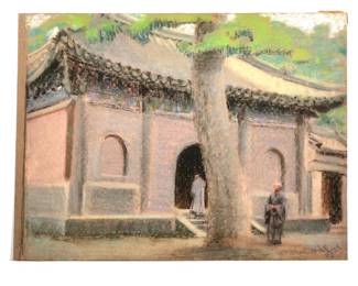 HATTIE RUSSELL MACCURDY (1884-1961) | Evening Peace. Pastel on paper. h. 15.25 x 20.25 in., paper. Showing monks before a monastery, signed lower right "H. R. MacCurdy 1931". Section of old paper backing (detached) with Robertson-Deschamps Co. Gallery label with title and other information - w. 26 x h. 21 in. (frame)