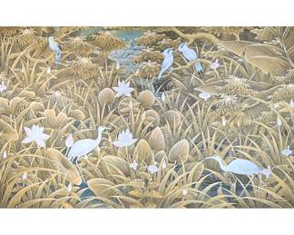 M.D. NGURAH / UBUD PAINTING | Birds and foliage in a riverscape. 52 x 33 in., stretcher. Balinese painting signed lower right.  - w. 56 x h. 36 in. (frame)