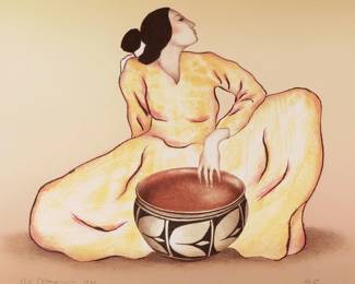 R.C.GORMAN (1931-2005) | Woman with Tulip Bowl. Lithograph. 19.75 x 16.25 in. (sheet). Pencil signed and dated 1981 lower left, with blind stamps lower margin. - w. 30.75 x h. 27 in. (frame)