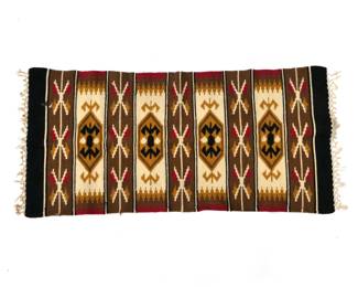 NATIVE AMERICAN STYLE RUG | Hand-woven wool with Native American designs in black, reds, browns, and yellows. - l. 48 x w. 23 in. 
