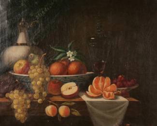 19TH CENTURY TABLETOP STILL LIFE | Tabletop still life. Showing a blue and white bowl with various fruits, a ewer, and pitcher. Oil on canvas. Signed lower right "VIZ". 21.5 x 18.25 in.  - w. 25.5 x h. 22 in. (frame)