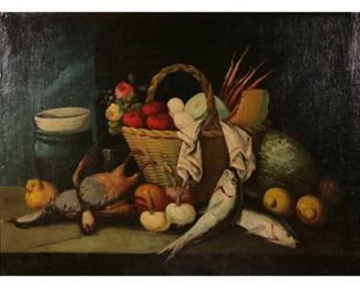 PRIMITIVE STILL LIFE | Tabletop still life with fruit and game. Oil on canvas. No apparent signature. 24 x 32.5 in.  - w. 35 x h. 27 in. (frame)