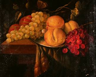 PRIMITIVE STILL LIFE (19TH CENTURY) | Tabletop still life with butterfly. Oil on canvas. 13 x 16 in., stretcher. No apparent signature.  - w. 18.5 x h. 16 in. (frame)