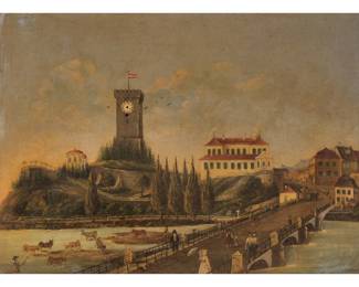 EUROPEAN PRIMITIVE TOWNSCAPE | 19th-century townscape with bridge. Oil on tin panel. No apparent signature. 21.5 x 16.25 in. - w. 28.25 x h. 22.5 in. (frame)