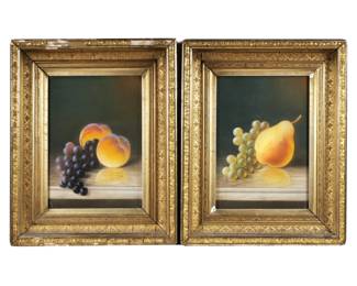 (2pc) 19TH CENTURY PASTEL STILL LIFES | Grapes and other fruit. Pastel on paper. 7.75 x 10.75 in. (each sight). Tabletop still lives showing red grapes with peaches and green grapes with a pear. No apparent signature.  - w. 13.5 x h. 16.75 in. (ea. frame)
