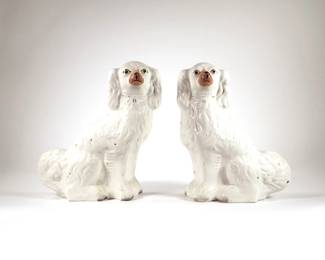 (2pc) PAIR STAFFORDSHIRE DOGS | Staffordshire English porcelain dogs - l. 10 x w. 5 x h. 12.5 in. (each)