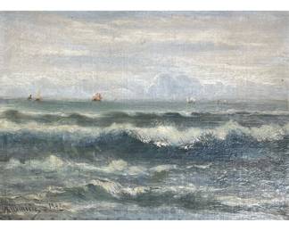 GEORGIANA L'AUBINIERE (1848-1930) | Seascape. Oil on canvas. Signed lower left and dated 1889. 11 x 15 in. In a gilt frame with artist's plaque. - w. 20 x h. 16 in. (frame)