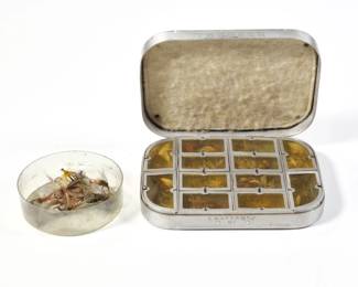 (40+) LARGE LOT FLY FISHING LURES | Including some in a case engraved THOMSON / CHAPPAQUA NY plus additional lures in a plastic box.  - l. 4-3/4 x w. 3-3/4 in. (metal box)