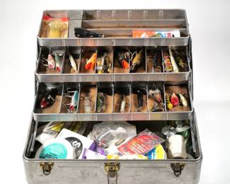 FISHING TACKLE BOX | A My Buddy aluminum tackle box with tiered fold-out shelving, containing various lures and other fishing items. - l. 17 x w. 8 x h. 8 in.