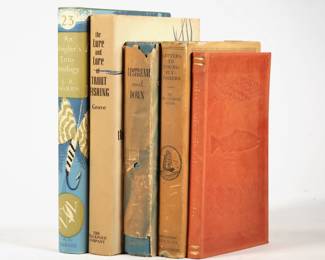 (4pc) 20TH CENTURY FISHING BOOKS | Including: a Greg Pfaff handmade tooled leather fishing journal; The Lure and Lore: Trout Fishing by Alvin R. Grove, Jr.; An Angler's Entomology by J. R. Harris; and Upstream and Down by Howard T. Walden II, illustrated by Milton C. Weiler