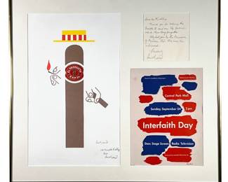PAUL RAND (1914-1996) | Silkscreens, including cigar, interfaith day, and a dedication/letter hand signed by the artist, framed together - w. 21.5 x h. 19.5 in. (frame)