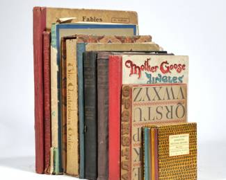 CHILDREN'S BOOKS | Including: Leonard Baskin's Miniature Natural History, first series; ABC Gem Box designed by Kurt H. Volk; A Children's Garden of Verses by Robert Louis Stevenson; The Canterbury Tales in a slip case; Mother's Nursery Tales by Katharine Pyle; Children's Books of Yesterday; Mother Goose Jingles no. 759, Nister & Co., Ltd., London; Mother Goose Jingles, Lothrop Publishing Company, Boston; Pictures & Stories from Natural History by McLoughlin Bros, New York, 1886; and two volumes of Fables de la Fontaine, illustrated by Benjamin Rabier - w. 9.5 x h. 13 in. (largest)