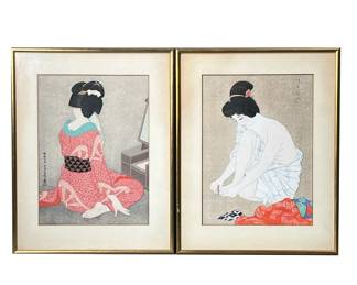 (2pc) WOODBLOCK PRINTS | Before the Mirror [Kagami no maeo] by Hirano Hakuho; and Spring Day [Shun cu] by Iwata Sentaro. Hand-embellished woodblock prints, one with silvered background. Each with red seal mark (two different seals) - 13.5 x 9.75 in. (each sight)