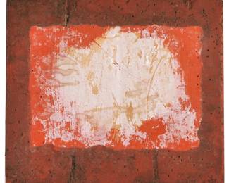 MODERNIST SCHOOL PAINTING ON CORK | Red abstract. Mixed media on cork on board. No apparent signature. - w. 13.5 x h. 12 in.