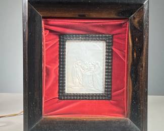 FRAMED LIGHTBOX ART | Framed lightbox with shadow relief of a religious scene with Jesus, within a red velvet "mat".  - l. 5 x w. 13 x h. 13.5 in.