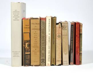 (11VOL) BOOK COLLECTING BOOKS | Including: A. F. Johnson Selected Essays on Books and Printing; American Children Through Their Books by Kiefer; Ex Libris compiled by Christopher Morley; How to Identify and Collect American First Editions by Jack Tannen; Bookselling in America and the World; Fashions in American Typography by Edmund G. Gress; For the Love of Books by Paul Jordan-Smith, Oxford; Early American Books and Printing by John T. Winterich; The Book in America: A History of the Making & Selling of Books in the United States; Parnassus on Wheels by Christopher Morley; and Invitation to Book Collecting by Colton Storm and Howard Peckham.  w. 9 x h. 12.25 in. (largest)