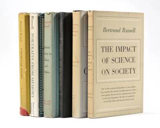 (6pc) BERTRAND RUSSELL | Including 
THE IMPACT OF SCIENCE ON SOCIETY, First Printing, 1951. NEW HOPES FOR A CHANGING WORLD, First Printing, 1951
AUTHORITY AND THE INDIVIDUAL, 1949
HUMAN SOCIETY IN ETHICS AND POLITICS, First Printing. PORTRAITS FROM MEMORY, First Printing
UNPOPULAR ESSAYS, 1950. - w. 6 x h. 8.25 in.