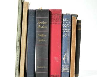 (8pc) MISC. HARDCOVER BOOKS | Including: BAIT CASTING, William C. Vogt, 1928
LINE & FORM, Walter Crane, 1925
HABIT, WIlliam James, 1890 Henry Holt & Co.
AUGURIES OF INNOCENCE, Wm. Blake L. Baskin, 1968. KNICKERBOCKER PAPERS: RIP VAN WINKLE & THE LEGEND OF SLEEPY HOLLOW, BY WASHINGTON IRVING, Edition 248/1000, Medici Society. LITTLE JOURNEYS (SENECA), Elbert Hubbard, Roycrofters
ABSOLOM! ABSOLOM! William Faulkner, Third Printing 1936. KING ARTHUR'S KNIGHTS, Henry Gilbert, Illustrated by Walter Crane - w. 6 x h. 9.75 in. (largest)