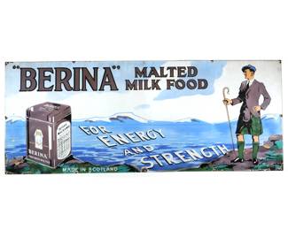 BERINA MALTED MILK FOOD SCOTTISH ADVERTISING SIGN | Enamel decorated sign with a man in a kilt before an ocean scene. 
 Signed " 'HANCOR' MITCHAM " and marked "MADE IN SCOTLAND"