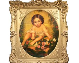 19TH CENTURY PAINTING OF A BABY IN TONDO | Showing a young girl in robes beside a hat with flowers
Oil on canvas. 30 x 25 in. (stretcher). 34 x 42 in. (frame)