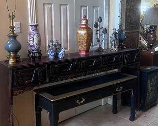 Large entry table with storage drawers. Antique. 