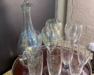Opalescent wine glasses and matching decanter 