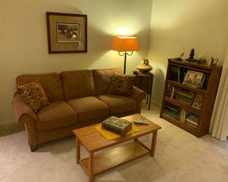 Beautiful like new quality made sofa, coffee table, barrister book case