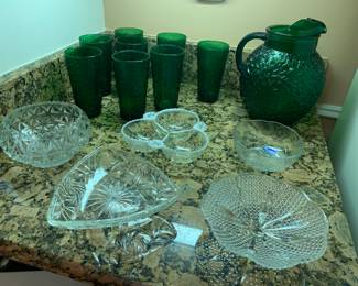 Vintage green Anchor Hocking pitcher and glasses, crystal / candy dishes