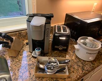 Single cup coffee maker, toaster, crock pot, knife block