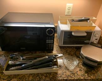Microwave, waffle iron, knives, toaster oven