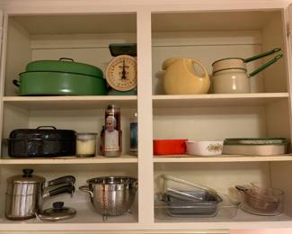 Enamelware, pots, strainer, baking pans
