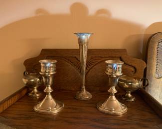 Sterling candle sticks, cream & sugar, and vase