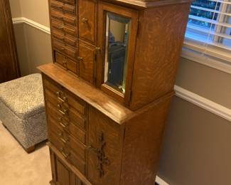 Stunning turn of the century oak antique dental / jewelry cabinet