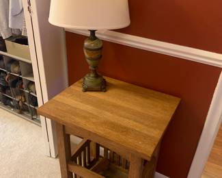 Antique marble base lamp, oak table