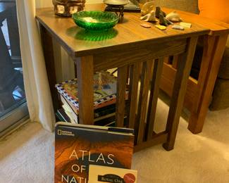 Matching oak side tables, coffee table books