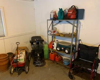Shelving, wagon, mobility scooter, garden cart, air compressor, flower pots, wheel chair