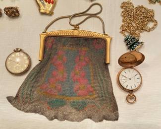Whiting & Davis mesh purse; pocket watches - one is 14k