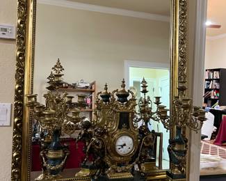 EXQUISITE FRANZ HERMLE IMPERIAL ITALIAN MANTLE  CLOCK WITH TWO ORNATE MARBLE AND BRASS  CANDELABRAS 