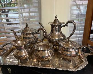 WOW! A VERY RARE FIND !!!! SOLID STERLING SILVER 950 TEA SET INCLUDING TEA POT, COFFEE POT , CREAMER, SUGAR, DISCARD BOWL AND  STERLING TRAY WITH TWO CASES  TWO STORAGE CASES  