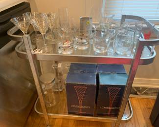 Tons of glass ware and bar cart for sale