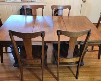 Antique Oak Harvest Table With Chairs