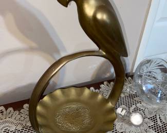17" Tall Brass Parrot on Perch Sculptural  Platter