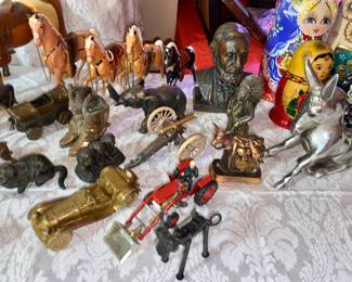 Vintage lead horses, donkeys, cars, etc